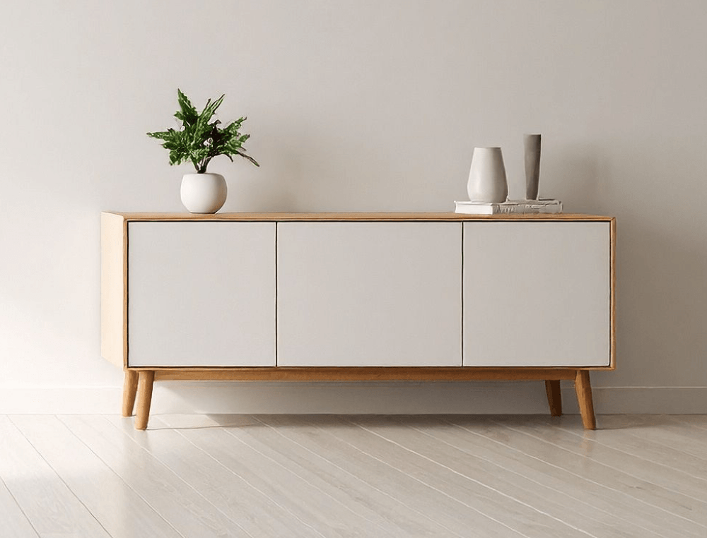 Fotografía de una cómoda con una planta y objetos de decoración encima